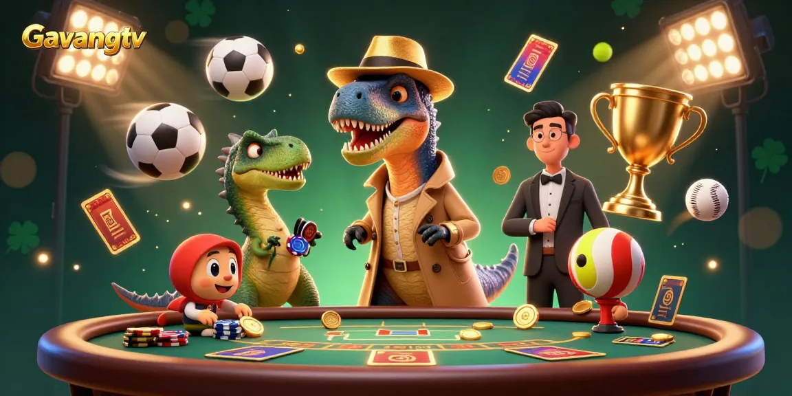 Gavangtv showcases a vibrant 3D scene of a velociraptor trying to gamble at a blackjack table.