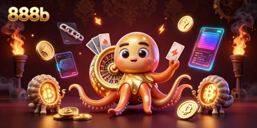 Engage in thrilling casino excitement at 888b with a dynamic scene of games and crypto elements.