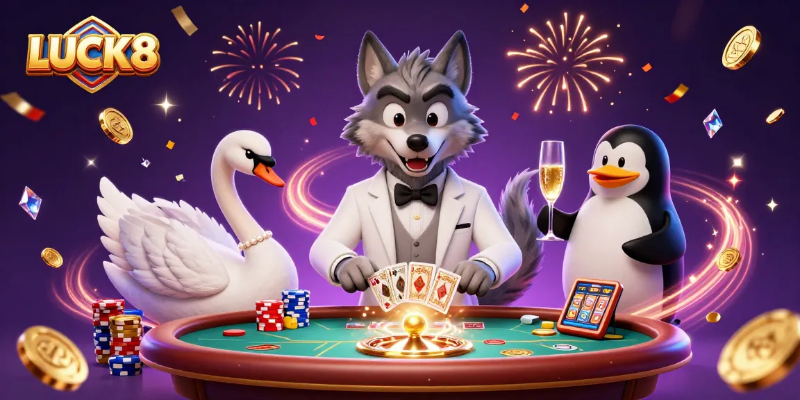 Experience the thrill of LUCK8 with a vibrant casino scene featuring a wolf, swan, and penguin.