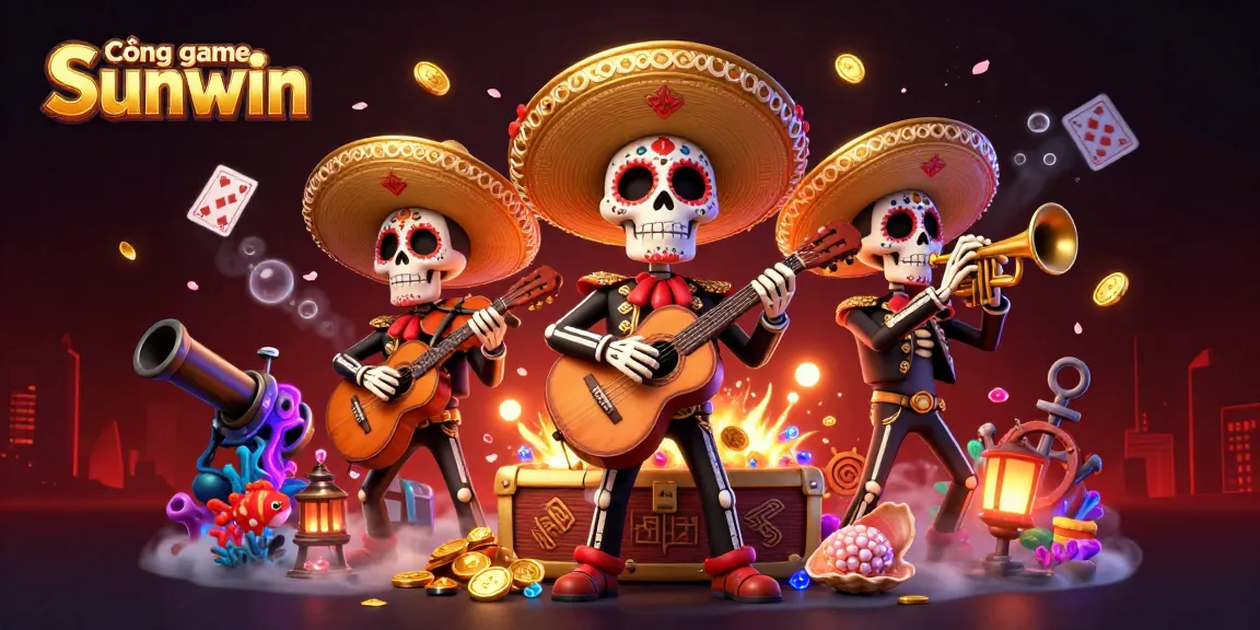 Cổng game Sunwin showcases a vibrant 3D illustration of a mariachi band amidst a treasure-filled underwater setting, creating a lively casino atmosphere.