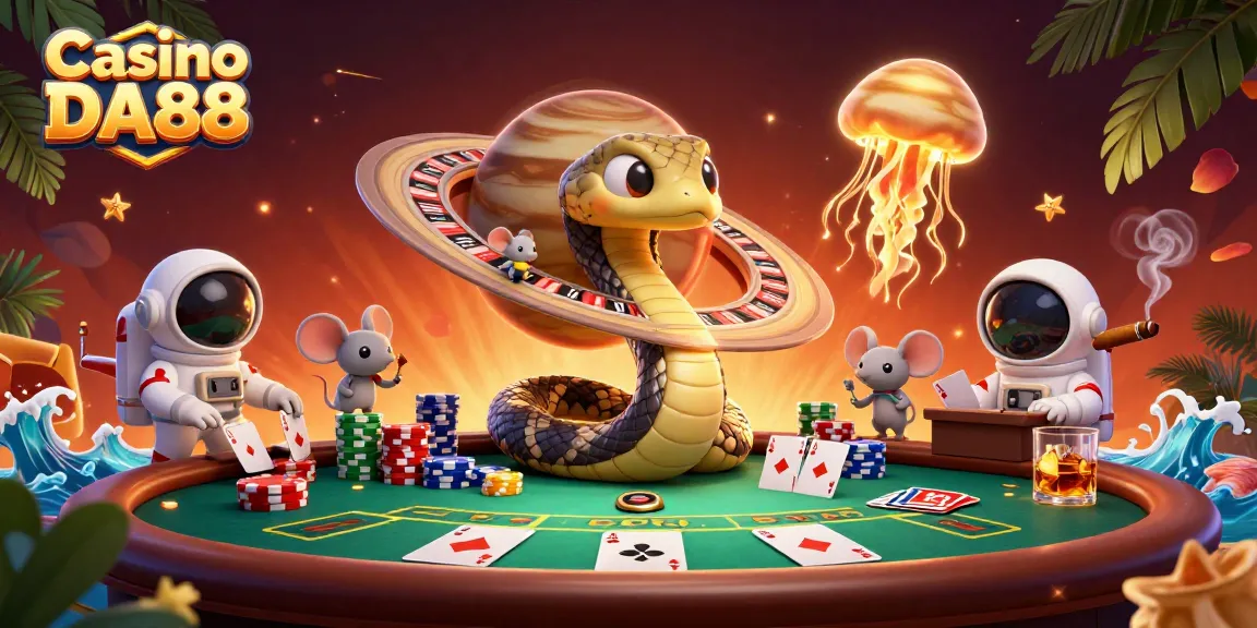 Casino DA88 showcases a vibrant 3D illustration with a cosmic dealer amid interactive casino elements.