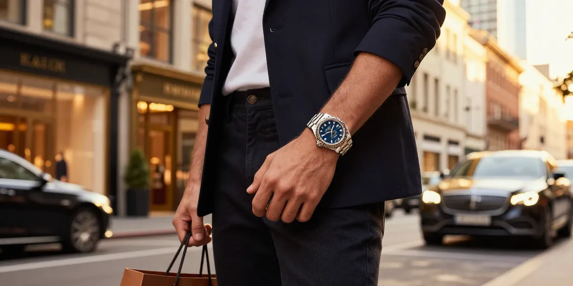 Fashionable individual showcasing rolex super clone watches against a luxurious city backdrop.