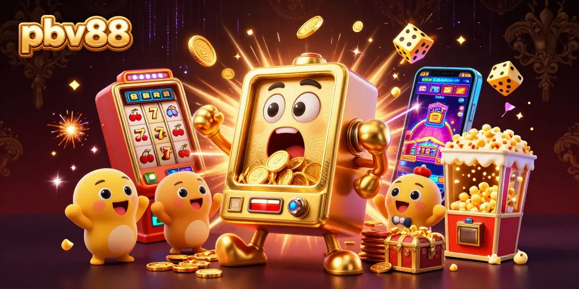 Join the excitement of pbv88 with a stunning jackpot celebration featuring golden slot machines, coins, and festive casino elements.