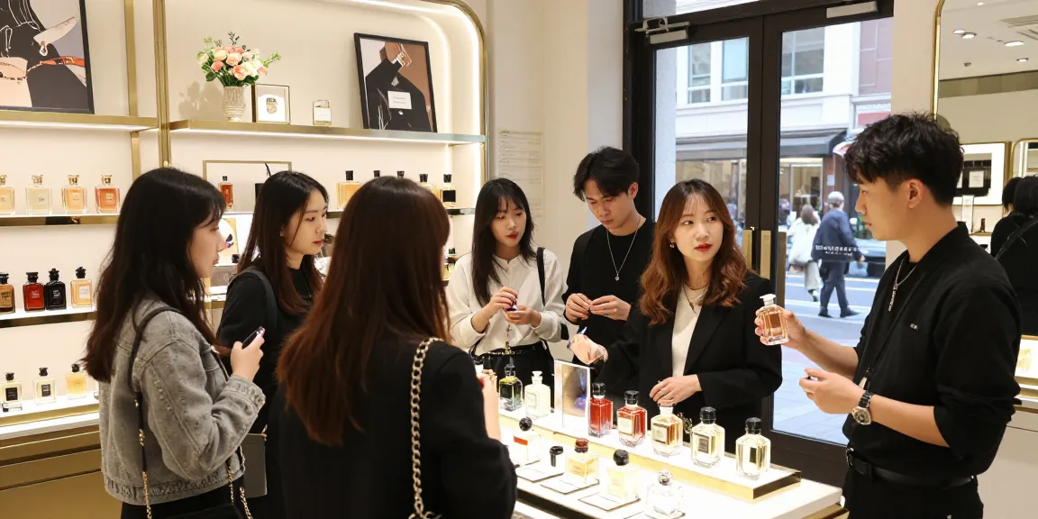 Discover Your Perfect Scent with engaged customers sampling luxury fragrances in a stylish retail setting.