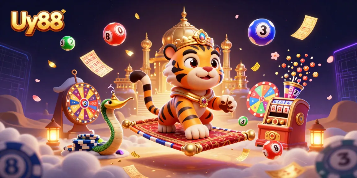 Experience high-energy gaming with Uy88's vibrant 3D casino scene featuring a tiger sultan and exciting lottery elements.
