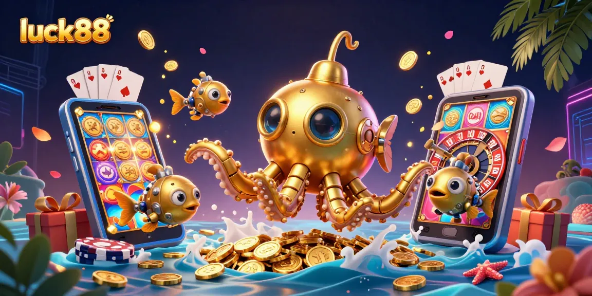 Spin to win with luck88 in a vibrant casino scene featuring golden kraken and slots.