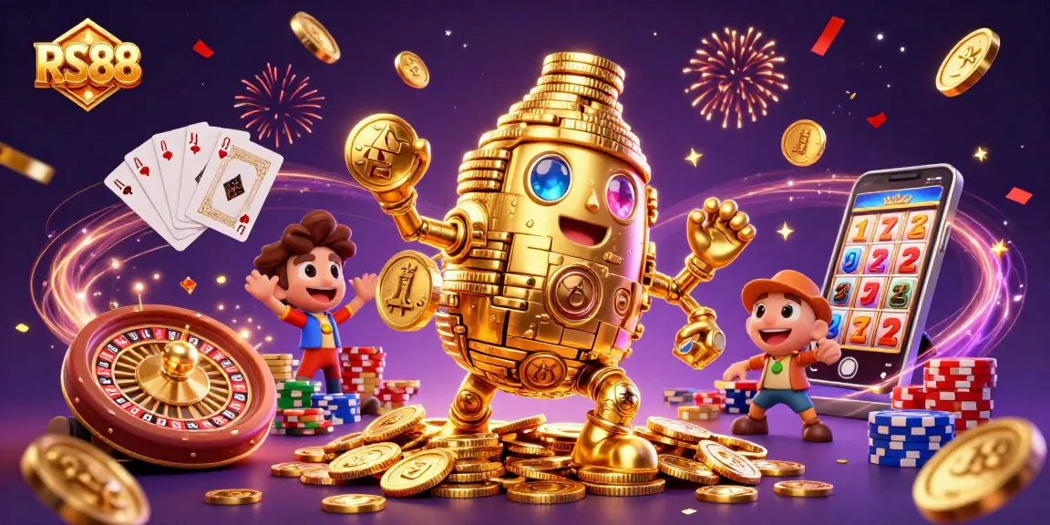 Experience RS88's exciting casino world with a dynamic golden golem and vibrant game elements.