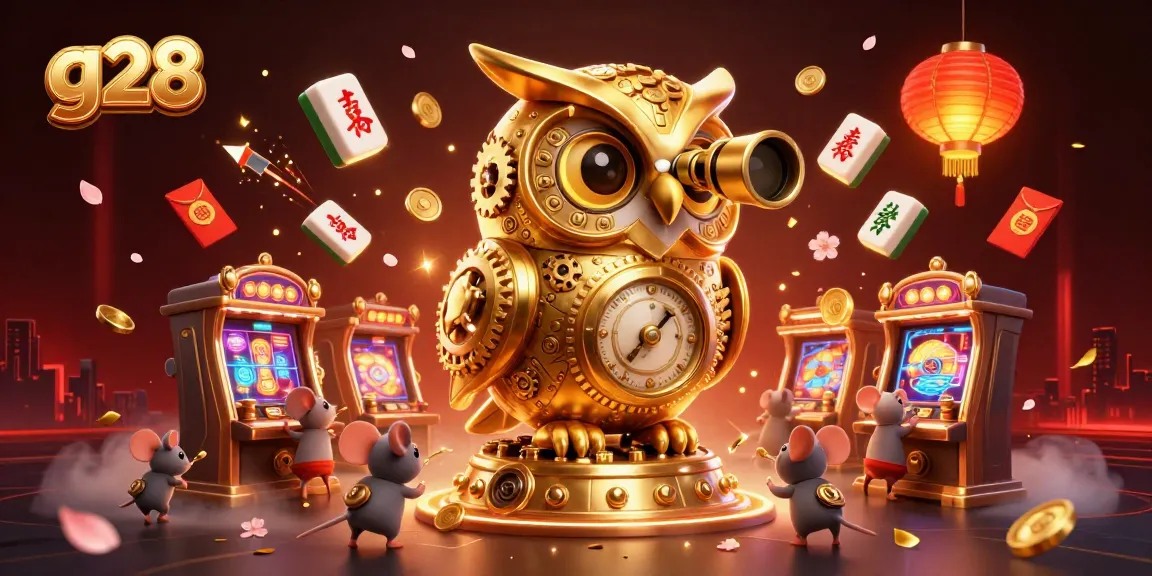Experience the excitement of g28 with a golden owl and wind-up mouse patrons in a vibrant casino setting.