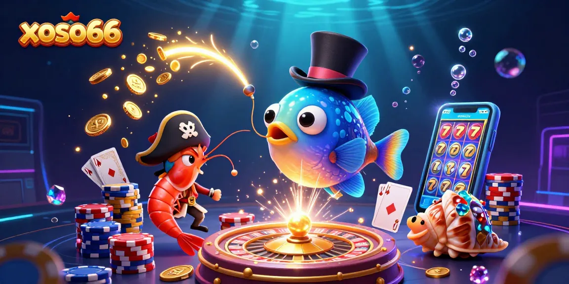 Experience the thrill of xoso66 with dynamic casino elements and vibrant underwater characters in this captivating 3D illustration.