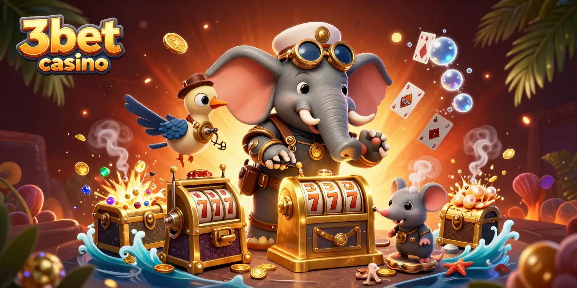 Experience excitement at 3bet casino with a steampunk elephant spinning a golden slot machine amidst rich treasures.