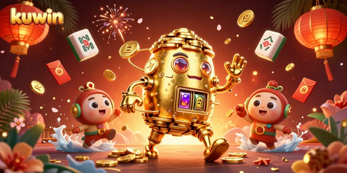 Kuwin delivers a thrilling gaming experience with a golden golem amidst festive symbols in a dynamic casino scene.