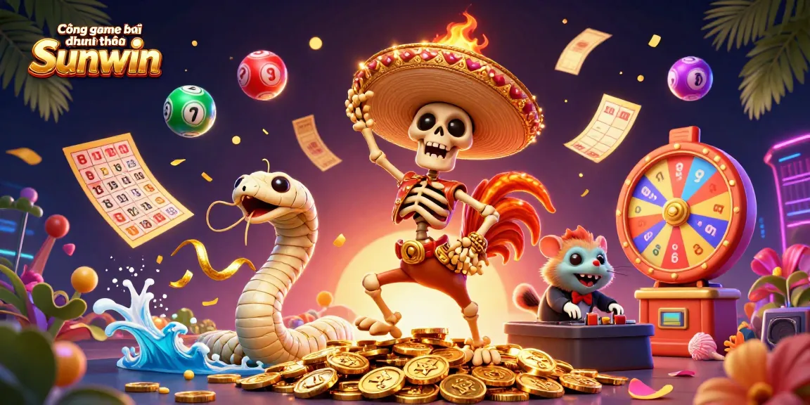 Cổng game bài đổi thưởng Sunwin features a vibrant 3D illustration with a dancing skeleton mariachi rooster, a mummy snake, and a DJ zombie hamster around lottery elements.