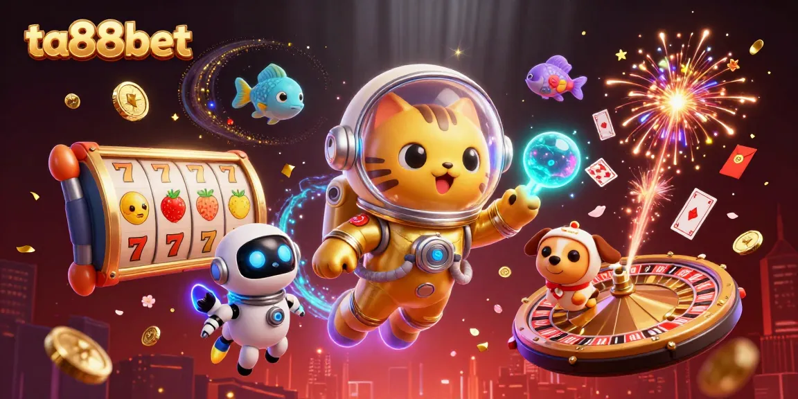 Experience thrilling gameplay with ta88bet as a golden astronaut cat floats amidst slot reels and vibrant casino elements.
