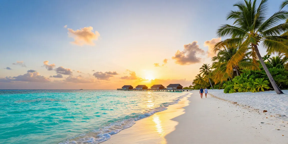 Stunning scene of a tropical beach at sunset, showcasing the website Luckywin for travel guides and vacation inspirations.