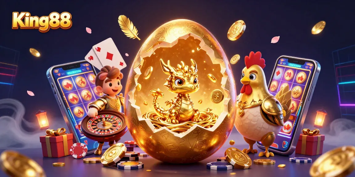 King88 reveals a golden dragon on poker chips, surrounded by vibrant casino elements.