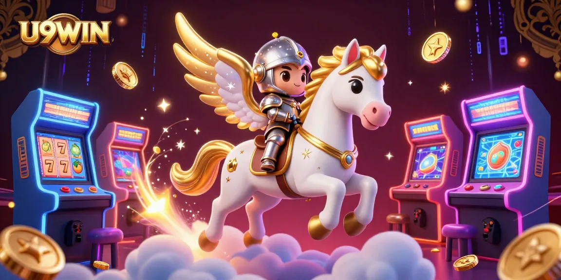 U9WIN engages players in a vibrant casino adventure with colorful slot reels and a celestial knight on a horse.