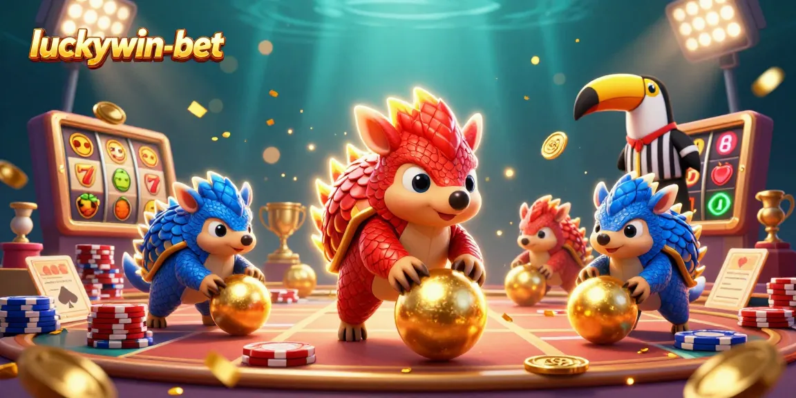 Experience thrilling wins at luckywin-bet with rival pangolins battling amidst colorful slot gaming action.