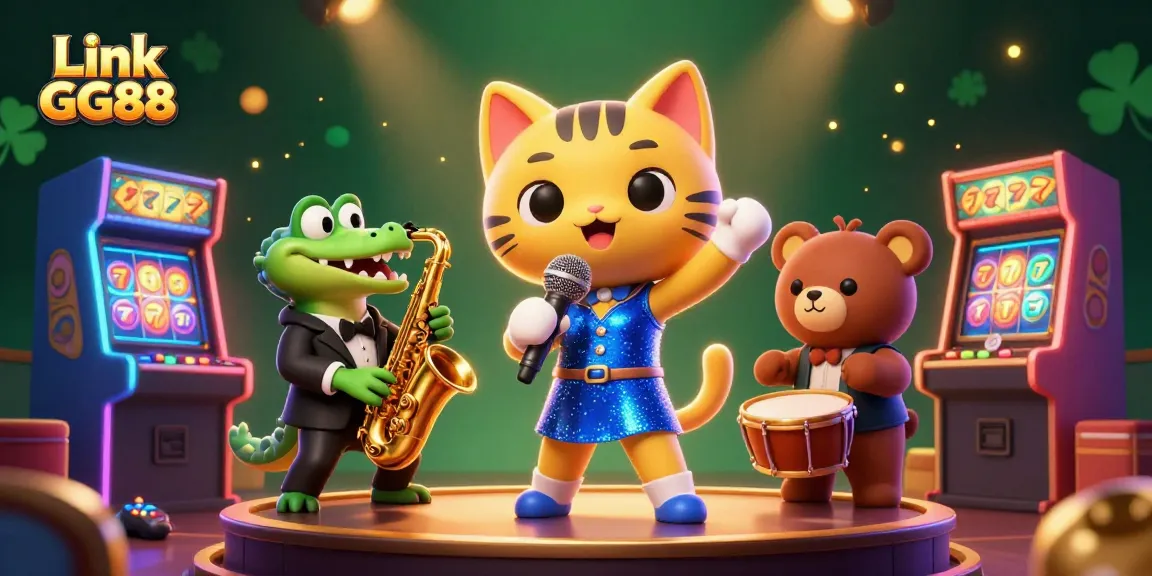 Join the fun as you explore Link GG88 with a vibrant scene filled with animated casino characters and action-packed gaming elements.