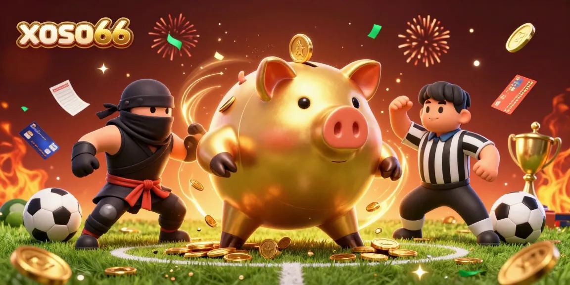 Join the excitement with xoso66 as a sumo wrestler piggy bank dominates a vibrant sports betting scene.