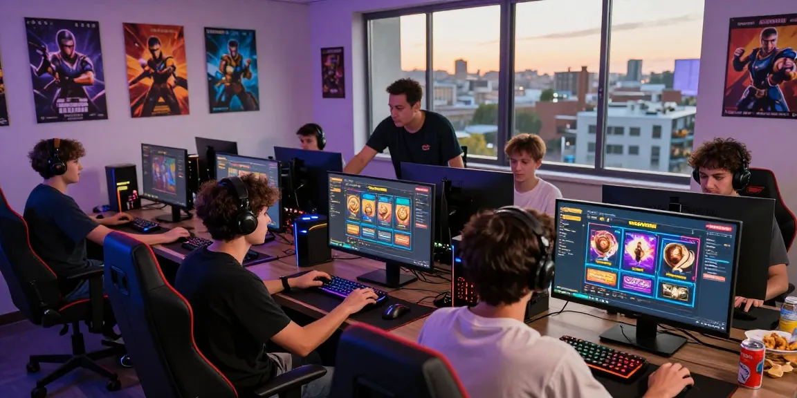 Players enjoying rokok88 slot at a modern gaming hub with vibrant decor.