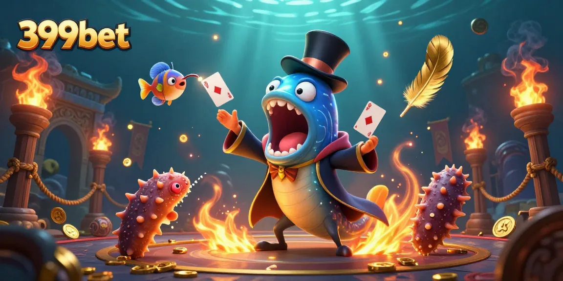 Experience thrilling card tricks and magic at 399bet's underwater casino with vibrant characters.
