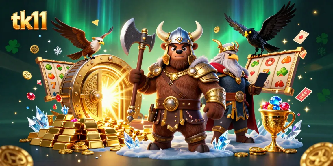 Engage with tk11's vibrant casino imagery featuring dynamic slot reels and gambling elements.