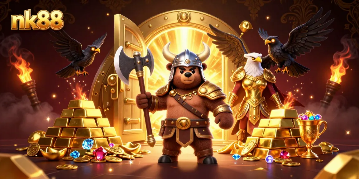 Engage in thrilling adventures with nk88's Viking berserker and Valkyrie in an epic treasure scene.