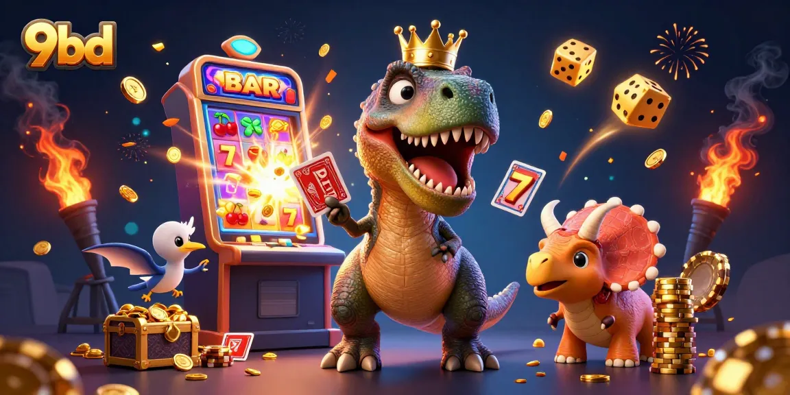 Experience thrilling gaming action at 9bd with characters shuffling cards and bursting jackpots.