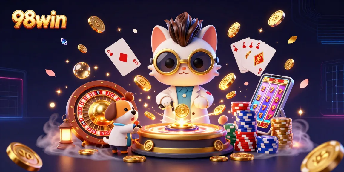 Catch winning moments with 98win in a vibrant 3D casino scene filled with excitement and treasures.