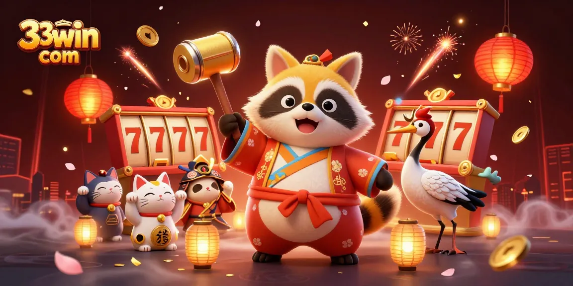 Spin the reels at 33win com with vibrant illustrations of a joyful tanuki and interactive game elements.