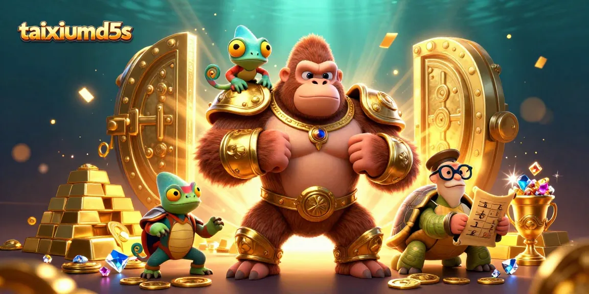 Immerse in taixiumd5s with a powerful gorilla, chameleon, and wise tortoise amidst golden treasures.