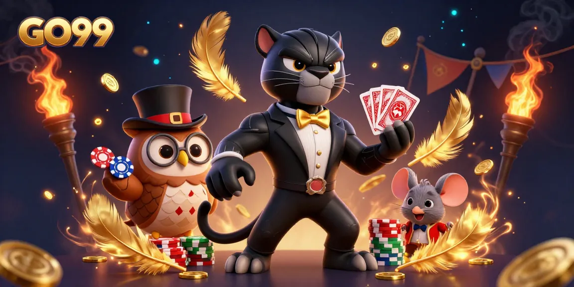 Experience the thrill of GO99 with a stylish blackjack scene featuring a tuxedo panther, poker-playing owl, and lucky mouse.