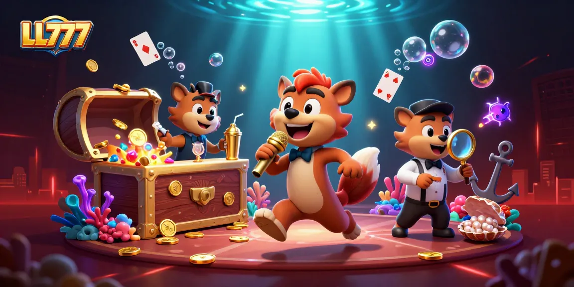 Experience the thrill of LL777 with playful hyenas in a vibrant casino scene filled with treasures and dynamic elements.