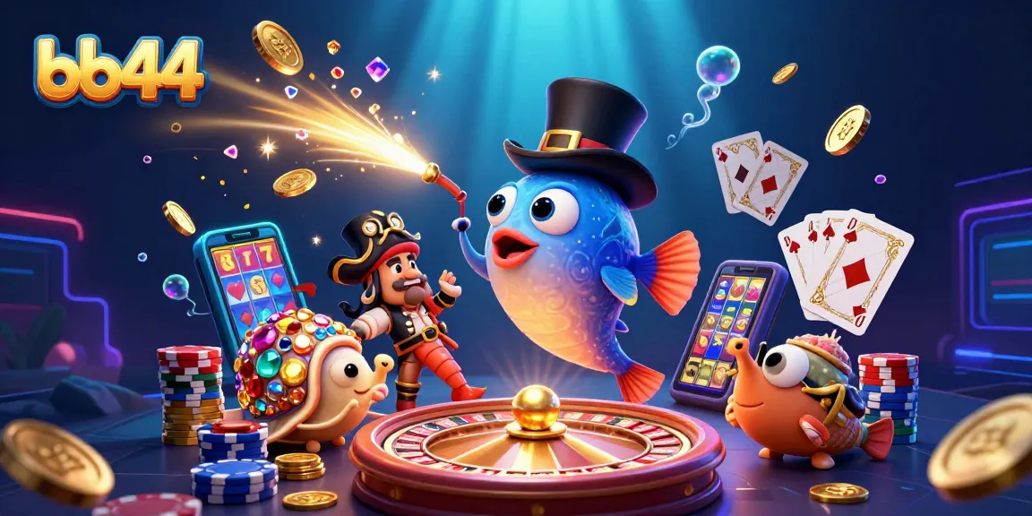 Win big at bb44 with a cartoon anglerfish setup in a vibrant casino world, complete with coins and gems.
