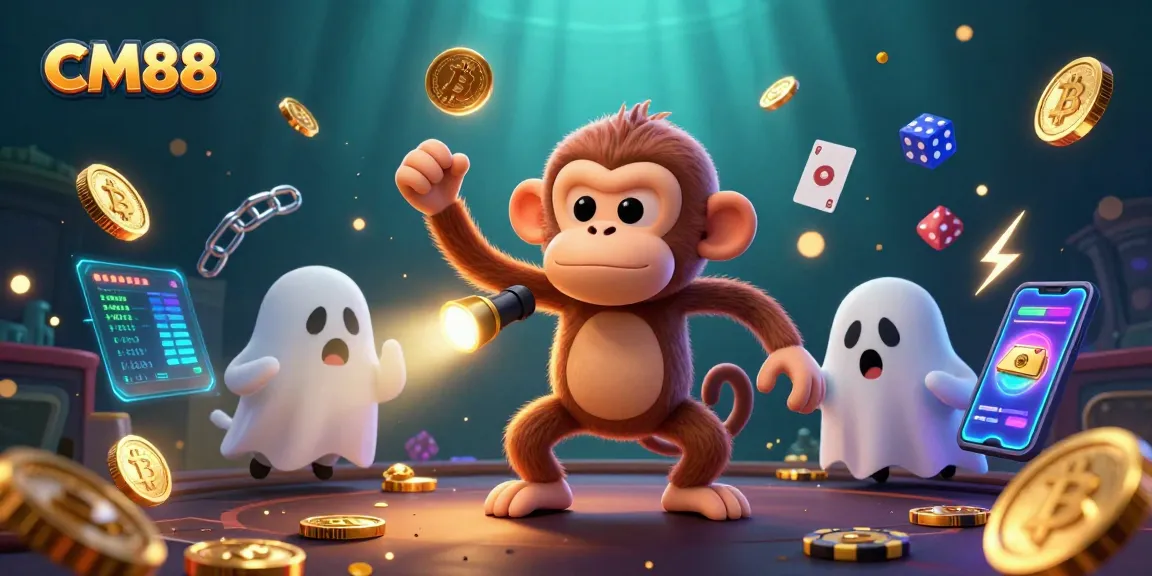 Experience the thrill of CM88 with a mischievous poltergeist monkey and ghost-hunter puppy in a haunted crypto casino scene