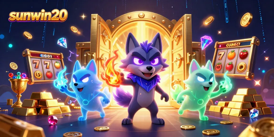 Engage with sunwin20's captivating 3D casino scene filled with glowing treasures and enchanting wolves.