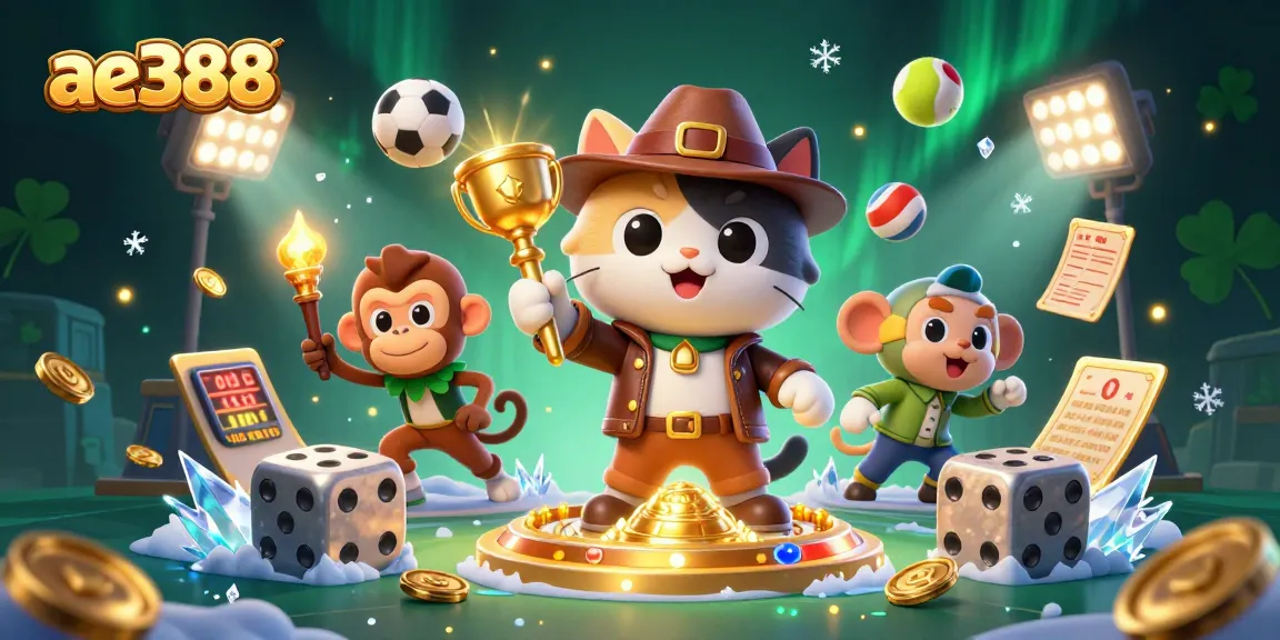 Experience thrilling gaming adventures with ae388's engaging 3D illustration of an archaeologist cat and a monkey.