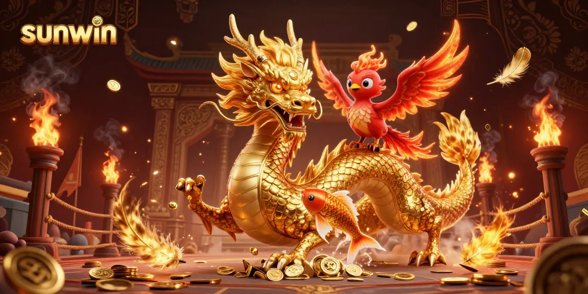 Experience sunwin's thrilling adventures with a golden dragon, phoenix, and koi in this dynamic casino scene.