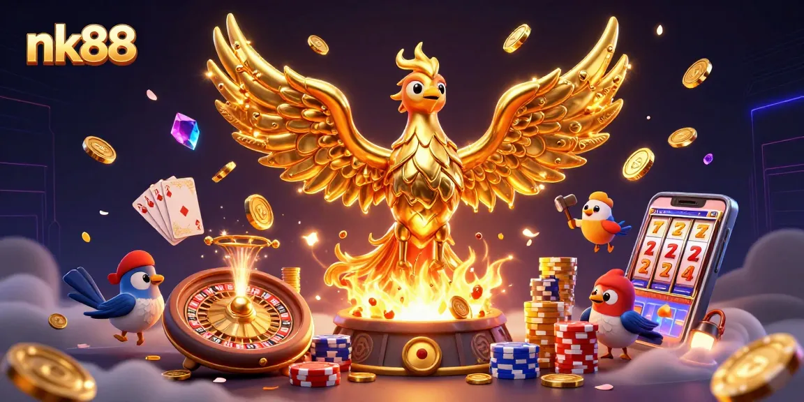 Engage in thrilling gameplay at nk88 with a vibrant illustration of a golden phoenix amidst dynamic casino elements.