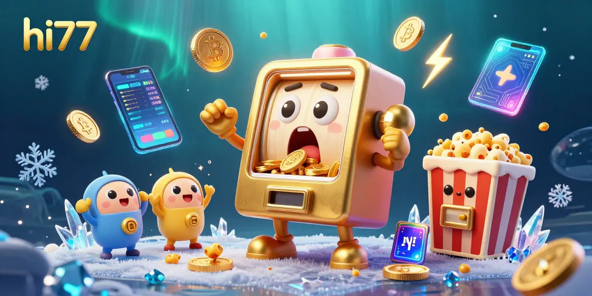 Celebrate wins at hi77 with gold coins cascading from a joyful slot machine in a vibrant casino scene.